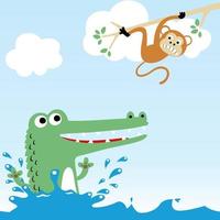 Funny monkey hanging on tree branches and crocodile in water, vector cartoon illustration