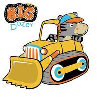 Cute zebra on bulldozer, vector cartoon illustration