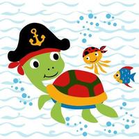 Cute turtle wearing pirate cap with squid and fish undersea, vector cartoon illustration