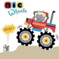 Cute elephant on monster truck with little mouse on ground, vector cartoon illustration