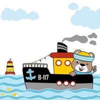 vector cartoon illustration of cute bear on boat with lighthouse and fishes