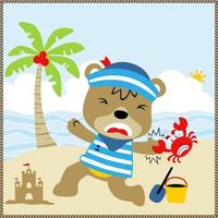 Funny bear hand clamping by crab in the beach, vector cartoon illustration