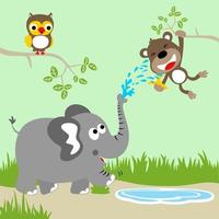 gracioso elefante pulverización agua a mono, linda búho encaramado en árbol rama, vector dibujos animados ilustración