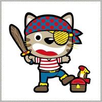 Little cat in pirate costume holding sword with parrot on treasure chest, vector cartoon illustration