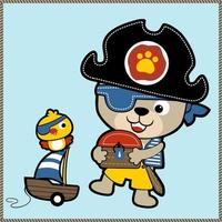 vector cartoon of funny bear in pirate costume carrying treasure chest, little bird on sailboat toy