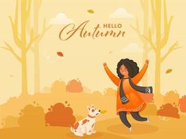 alegre linda niña con perro personaje en naturaleza antecedentes para Hola otoño. lata ser usado como póster o bandera diseño. vector