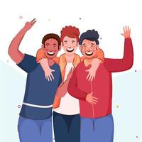 Cheerful Young Boys Group Hugging in Photo Capture Pose. vector