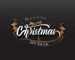 Merry Christmas Happy New Year Font With Paper Style Reindeer on Dark Grey Background. vector