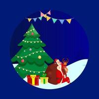 Decorative Xmas Tree With Cartoon Santa Claus Sleeping, Heavy Bag, Gift Boxes, Reindeer Character On Blue Background For Merry Christmas And New Year. vector