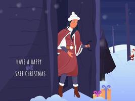 Have A Happy And Safe Christmas Concept With Young Girl Looking Gift Boxes And Santa Claus Behind Tree On Snowy Background. vector