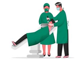 Illustration of Dentist Doctor and Nurse Doing Checkup to Patient Lying Down at Dental Chair. vector