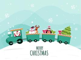 Merry Christmas Celebration Train on Light Turquoise and Snowy Background. vector