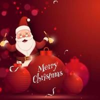 Cheerful Santa Claus Holding Hand Bells with Realistic Baubles on Red Bokeh Background for Merry Christmas Celebration. vector