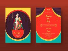 Colorful Indian Wedding Invitation Card or Template Set with Cartoon Couple Image and Venue Details. vector