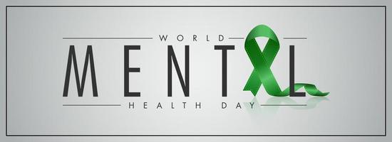 mundo mental salud día texto con verde cinta cruzar en gris antecedentes. encabezamiento o bandera diseño. vector