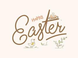 Happy Easter Font with Bird and Chick in Nest on Beige Background. vector