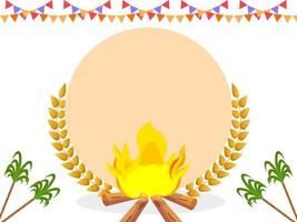 Illustration Of Bonfire With Wheat Ears, Sugarcane, Bunting Flags And Space For Text On White Background. vector