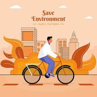 Faceless Man Riding a Bicycle with Leaves and Buildings on Light Orange Background. vector