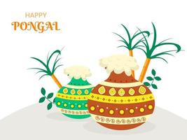 Happy Pongal Celebration Concept With Traditional Dish In Mud Pots, Sugarcane On White Background. vector