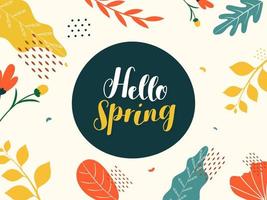 Flat Style Flower Buds and Leaves Decorated on Beige Background with Hello Spring Font. vector