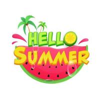 Hello Summer Text with Lemon Piece, Coconut Trees, Water Drops and Glossy Watermelon Slice on White Background. vector