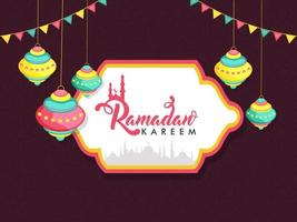 Ramadan Kareem Font with Silhouette Mosque in Vintage Frame, Hanging Lanterns and Bunting Flags Decorated on Burgundy Islamic Pattern Background. vector