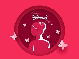 Pink Paper Cut Circular Shape Background with Female Face and Butterflies for Happy Women's Day. vector