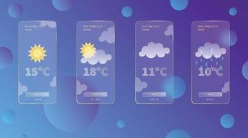 Set of 3d glassmorphism weather forecast app template Interface design kit. Day meteo icons on dark blue gradient background Season collections smartphone glass morphism screen Vector illustrations