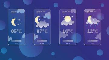 Set of 3d glassmorphism weather forecast app template Interface design kit. Night meteo icons on dark blue gradient background Season collections smartphone glass morphism screens Vector illustrations