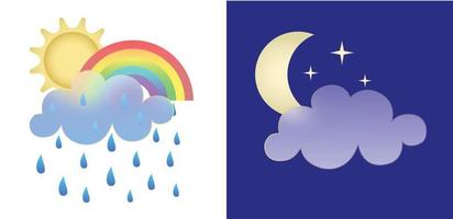 Set of weather icons. Glassmorphism style symbols for meteo forecast app Elements Isolated on white background Day night summer spring season sings Rainbow, rain and moon clouds. Vector illustrations