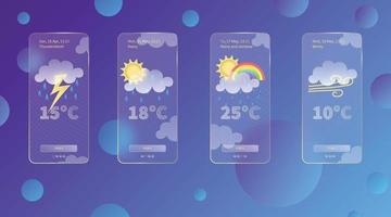 Set of 3d glassmorphism weather forecast app template Interface design kit. Day meteo icons on dark blue gradient background Season collections smartphone glass morphism screen Vector illustrations