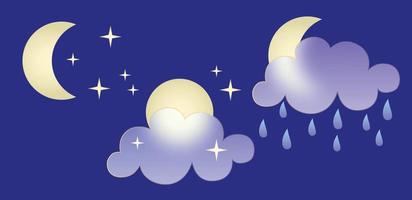 Set of weather icons. Glassmorphism style symbols for meteo forecast app. Elements Isolated on white background. Night summer spring autumn season sings. Moon, rain and clouds. Vector illustrations