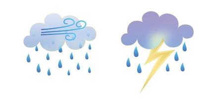 Set of weather icons. Glassmorphism style symbols for meteo forecast app. Elements Isolated on white background. Day autumn season sings. Thunderstorm lightning, rain and clouds. Vector illustrations