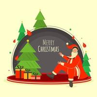 Illustration of Cartoon Santa Claus Sitting with Gift Boxes and Xmas Trees on Grey and Light Yellow Background for Merry Christmas Celebration. vector