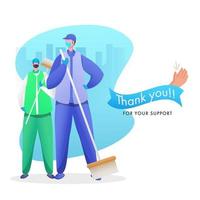 Thank You Sweeper Men Working During Coronavirus For Your Support on Abstract Cityscape Background. vector