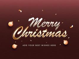 Merry Christmas Font With Shiny Golden Baubles And Confetti Ribbon On Sienna Or Etruscan Red Background. vector