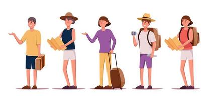 set of characters tourists traveling people vector illustration