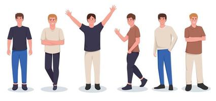 set of character man in casual wear in various movements vector illustration