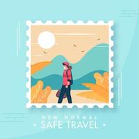 Tourist Young Boy wear Protective Mask with Sun Nature view in Polaroid Frame for New Normal Safe Travel Concept. vector