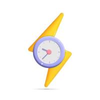 3d vector yellow flash thunder bolt symbol with time alarm clock watch icon design