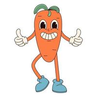 Groovy hippie Happy Easter character. Easter carrot in trendy retro 60s 70s cartoon style. vector