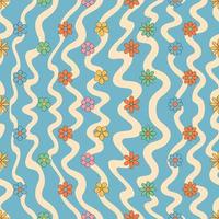 Groovy hippie Happy Easter seamless pattern. Flowers on a wavy background. Easter backgrounds in trendy retro 60s 70s cartoon style. vector