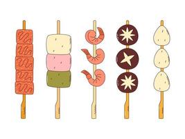 Traditional Japanese food. Asian yakitori skewers with mushrooms, eggs, shrimp. Vector illistration