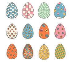 Groovy hippie Happy Easter. Set of Easter eggs with patterns in trendy retro 60s 70s style. vector