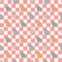 Groovy hippie Happy Easter seamless pattern. Easter eggs on a chess background. Easter backgrounds in trendy retro 60s 70s cartoon style. vector