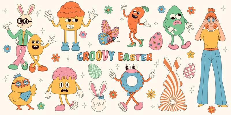 Groovy hippie Happy Easter set. Easter bunny, eggs, butterflies, cupcakes, chickens. Set of cartoon characters and elements in trendy retro 60s 70s cartoon style.