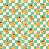 Groovy hippie Happy Easter seamless pattern. Chicks on a chess background. Easter backgrounds in trendy retro 60s 70s cartoon style. vector