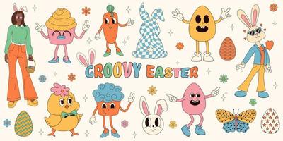 Groovy hippie Happy Easter set. Easter bunny, eggs, butterflies, cupcakes, chickens. Set of cartoon characters and elements in trendy retro 60s 70s cartoon style. vector