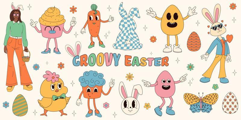 Groovy hippie Happy Easter set. Easter bunny, eggs, butterflies, cupcakes, chickens. Set of cartoon characters and elements in trendy retro 60s 70s cartoon style.