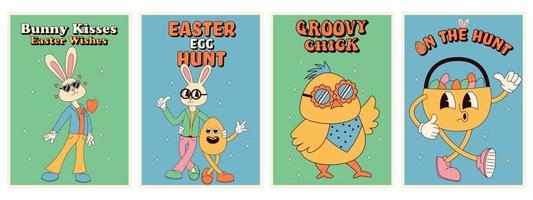 Groovy hippie Happy Easter posters. Easter eggs, bunny. Vector card in trendy retro 60s 70s cartoon style.